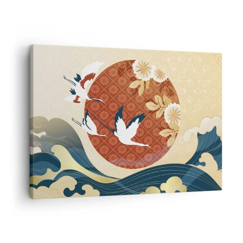 Quadro em tela - Composição japonesa com guindastes e ondas - 70x50cm - Conto de fadas japonês - Decoração de parede moderna para a sala de estar e quarto ARTTOR