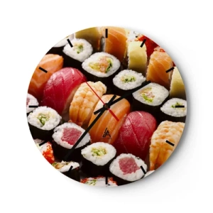 Relógio de parede - Relógio em vidro - Close-up de sushi colorido em diferentes tipos - 30x30cm - Cores e sabores da Ásia - Decoração de parede moderna para a sala de estar, cozinha e quarto ARTTOR