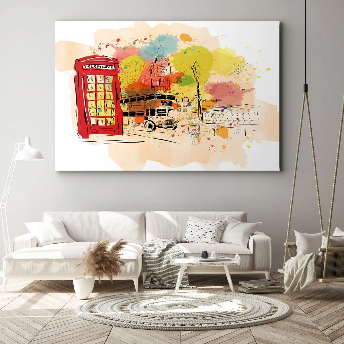 Quadro em tela - Tema de Londres com ônibus vermelho e cabine - 70x50cm - A cidade da variedade - Decoração de parede moderna para a sala de estar e quarto ARTTOR