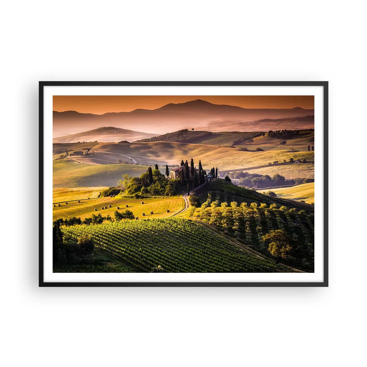 Pôster com moldura preta - Arcádia - Paisagem toscana - 100x70 cm