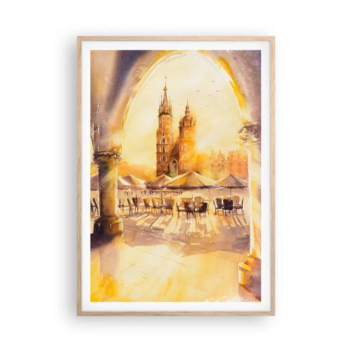 Pôster com moldura de carvalho claro - Pôr do sol na praça do mercado de Cracóvia - 70x100 cm