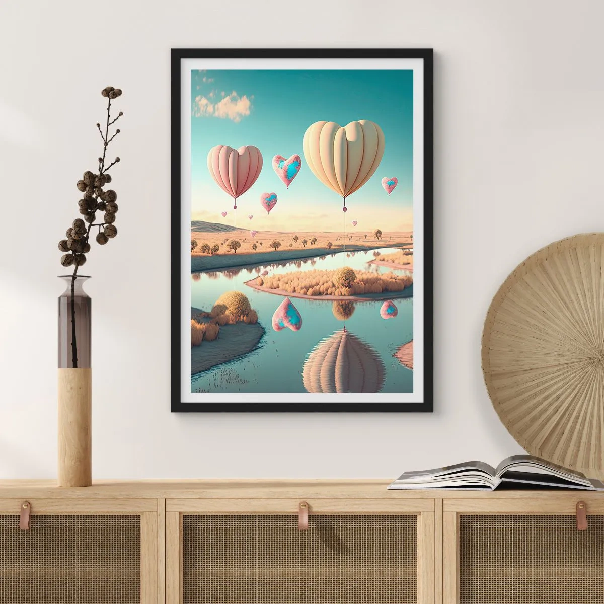 Pôster com moldura preta - Balões em forma de coração flutuando sobre a paisagem - 50x70cm - O amor permite se reerguer - Decoração de parede moderna para a sala de estar e quarto ARTTOR