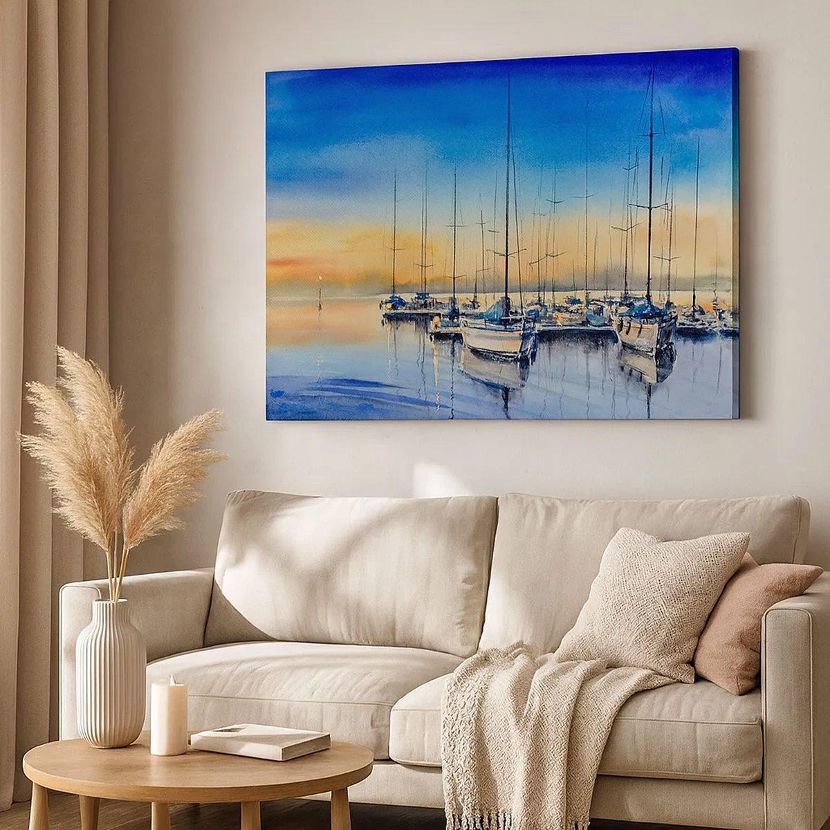 Quadro em tela - Porto de iates ao pôr do sol com reflexos na água - 70x50cm - Fim de um bom dia - Decoração de parede moderna para a sala de estar e quarto ARTTOR