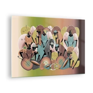 Quadro em vidro - Uma ilustração abstrata de figuras em tons de bege, verde e rosa. - 70x50cm - Uma grande festa se aproxima - Decoração de parede moderna para a sala de estar e quarto ARTTOR