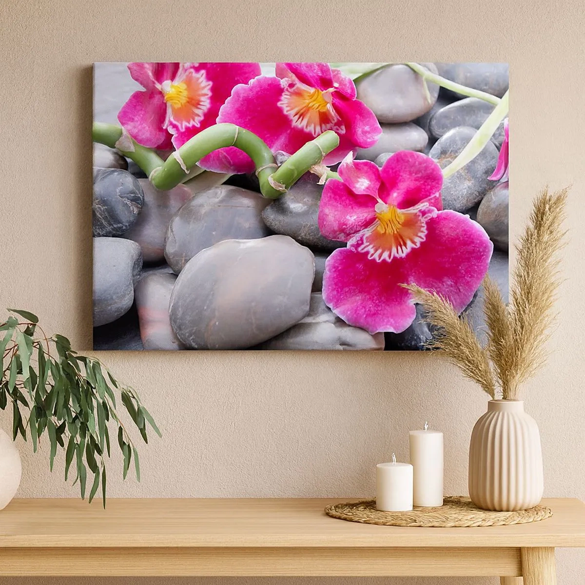 Quadro em tela - Orquídeas cor de rosa sobre um fundo de pedras lisas - 70x50cm - Frio e calor - Decoração de parede moderna para a sala de estar e quarto ARTTOR