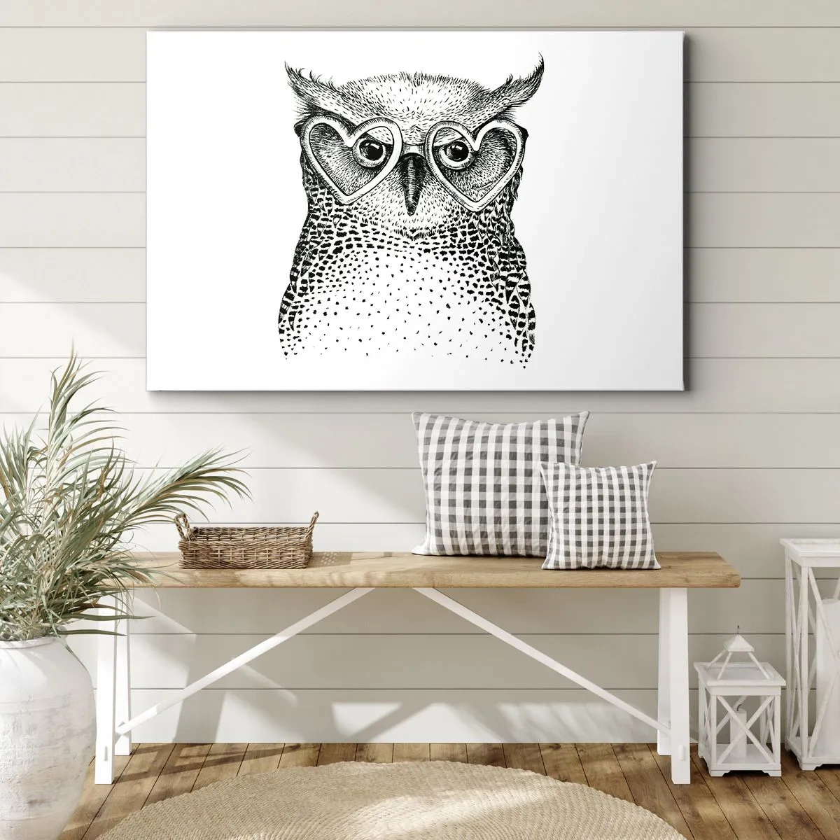 Quadro em tela - Gráfico estiloso de uma coruja usando óculos em formato de coração - 70x50cm - Sabiamente e amorosamente - Decoração de parede moderna para a sala de estar e quarto ARTTOR