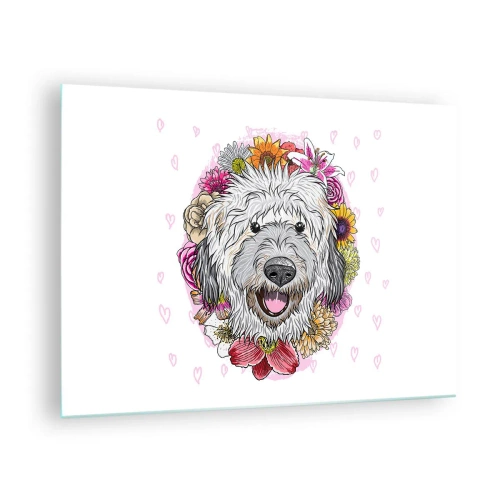 Quadro em vidro - Ilustração de um cachorro cercado por flores - 70x50cm - Alegria de cachorrinho - Decoração de parede moderna para a sala de estar e quarto ARTTOR
