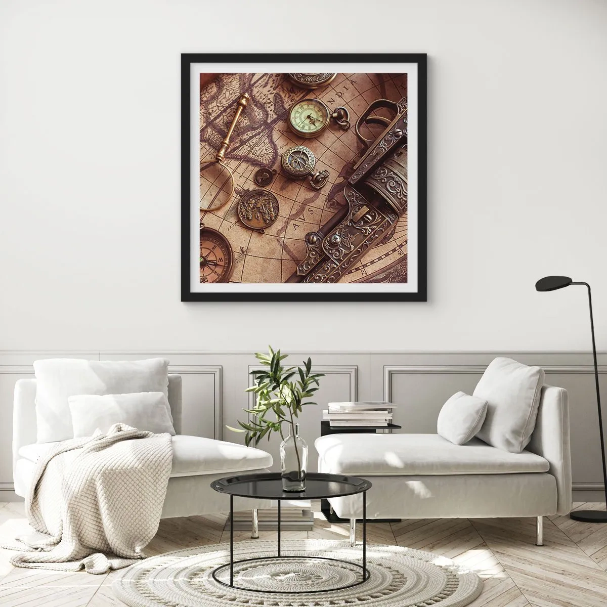 Pôster com moldura preta - A aventura nos chama - 40x40 cm