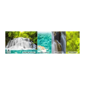 Amostra de papel de parede autocolante Deluxe Sticker - Cascata espumosa do verde ao azul - Paisagem, Cachoeira, Parque Nacional - 100x30 cm