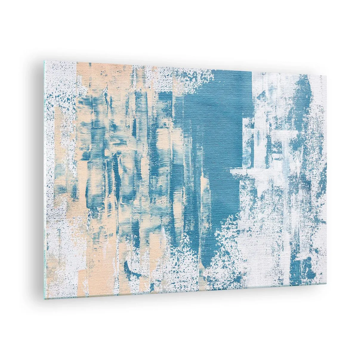 Quadro em vidro - Abstração em azul e bege com textura de pincel - 70x50cm - Através da estalactite de gelo - Decoração de parede moderna para a sala de estar e quarto ARTTOR