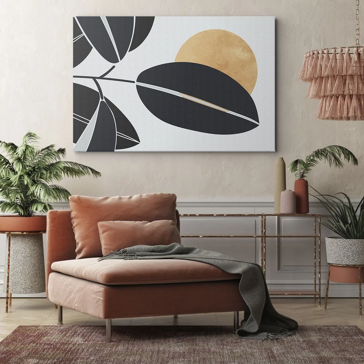 Quadro em tela - Um motivo minimalista de folhas com um sol brilhante ao fundo. - 70x50cm - Um dia quente de verão - Decoração de parede moderna para a sala de estar e quarto ARTTOR