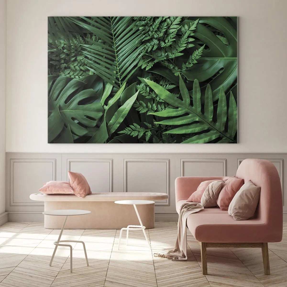 Quadro em vidro - Folhas verdes densas de plantas tropicais na composição - 70x50cm - Envolto em verde - Decoração de parede moderna para a sala de estar e quarto ARTTOR