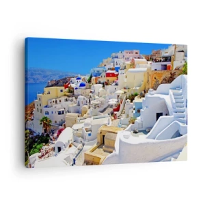Quadro em tela - Panorama de Santorini com casas brancas e céu azul - 70x50cm - O sonho de um verão grego - Decoração de parede moderna para a sala de estar e quarto ARTTOR