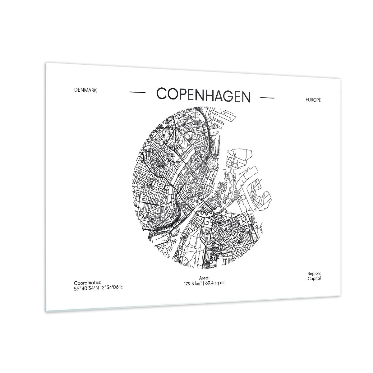 Quadro em vidro - Um mapa de Copenhague na forma de um esboço gráfico de rua - 70x50cm - Anatomia de Copenhague - Decoração de parede moderna para a sala de estar e quarto ARTTOR
