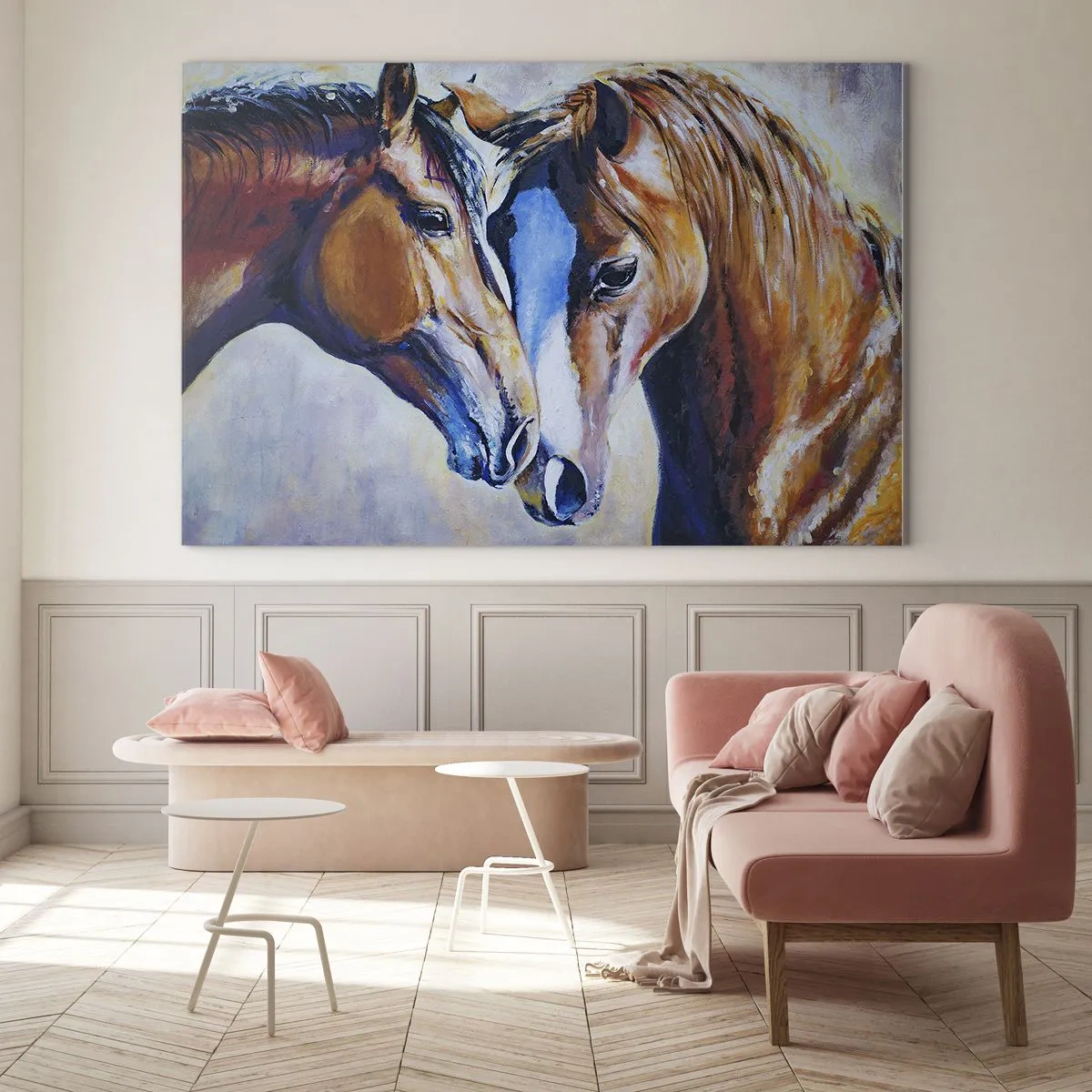 Quadro em vidro - Dois cavalos num gesto terno de proximidade - 70x50cm - Isso é amizade? Isso é amor? - Decoração de parede moderna para a sala de estar e quarto ARTTOR