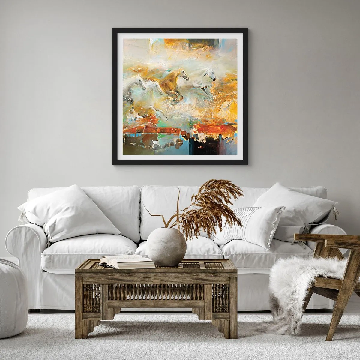 Pôster com moldura preta - A galope através da luz - 60x60 cm