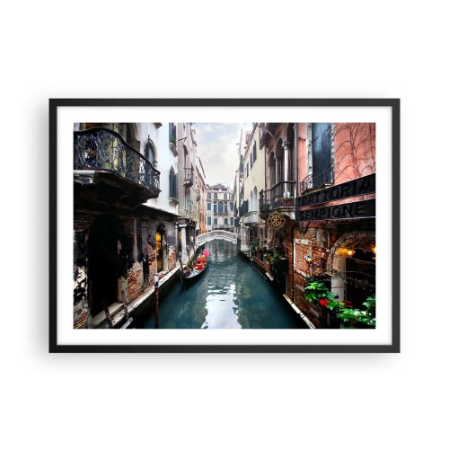Pôster com moldura preta - Paisagem veneziana com gôndola e ponte - 70x50 cm