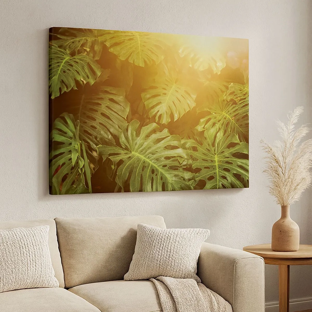 Quadro em tela - Folhas de Monstera ao sol em um fundo natural - 70x50cm - Um mergulho na vegetação - Decoração de parede moderna para a sala de estar e quarto ARTTOR