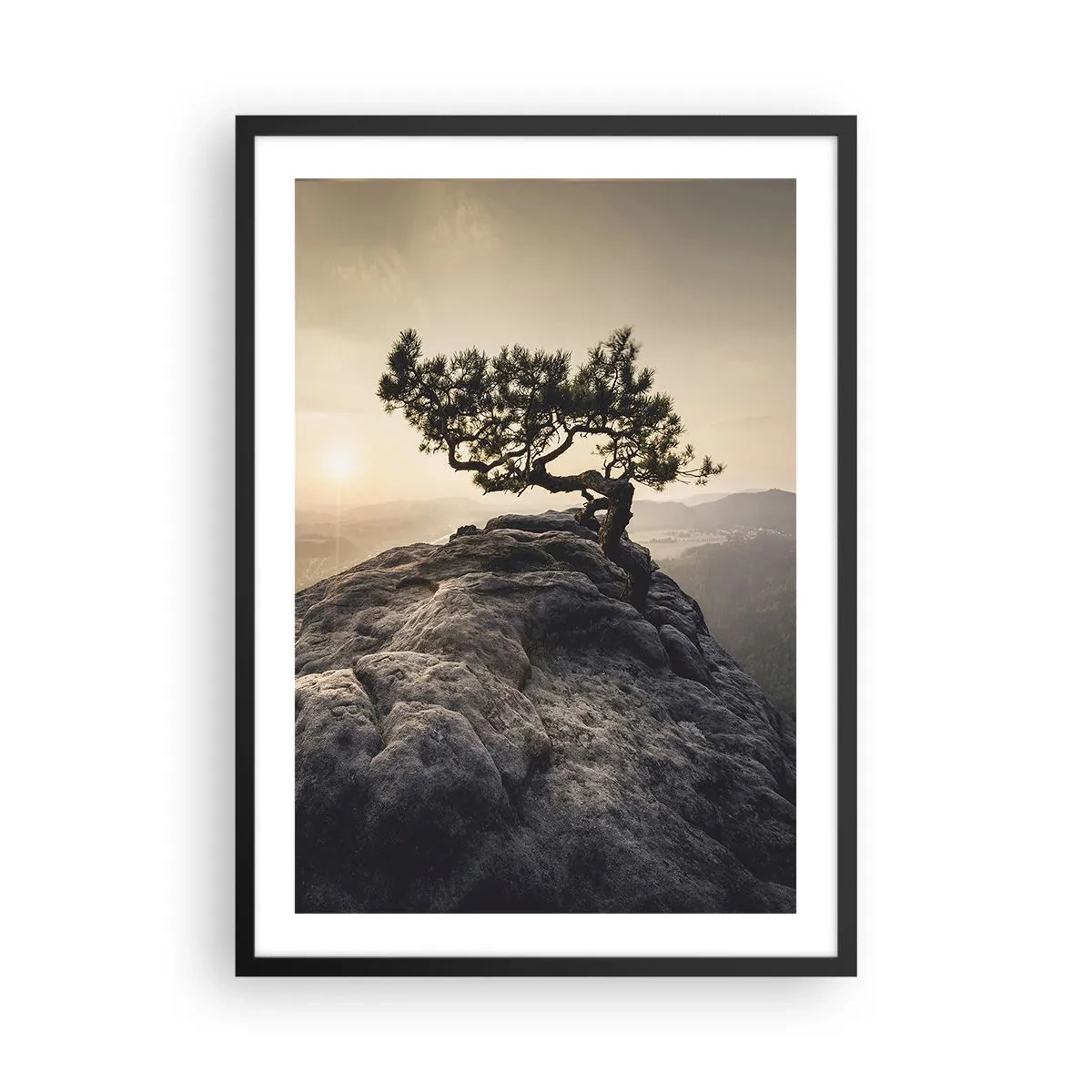 Pôster com moldura preta - Uma árvore solitária em um pico rochoso à luz do pôr do sol - 50x70cm - A vida ganha sempre - Decoração de parede moderna para a sala de estar e quarto ARTTOR