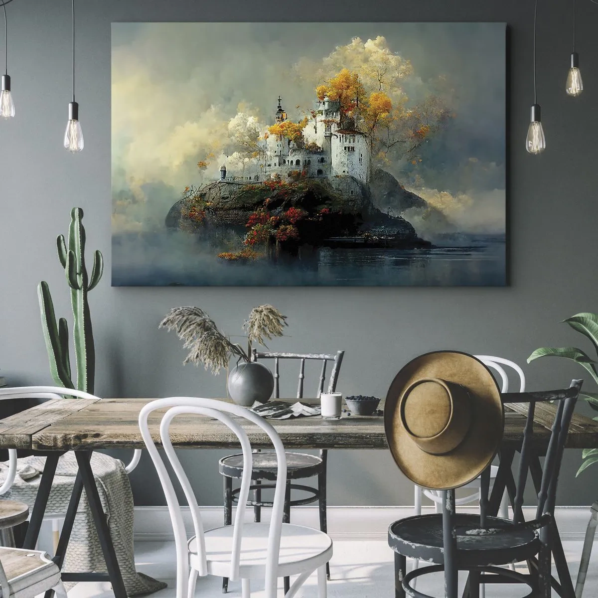 Quadro em tela - Um castelo em uma colina cercado por árvores de outono - 70x50cm - O começo de uma história romântica - Decoração de parede moderna para a sala de estar e quarto ARTTOR