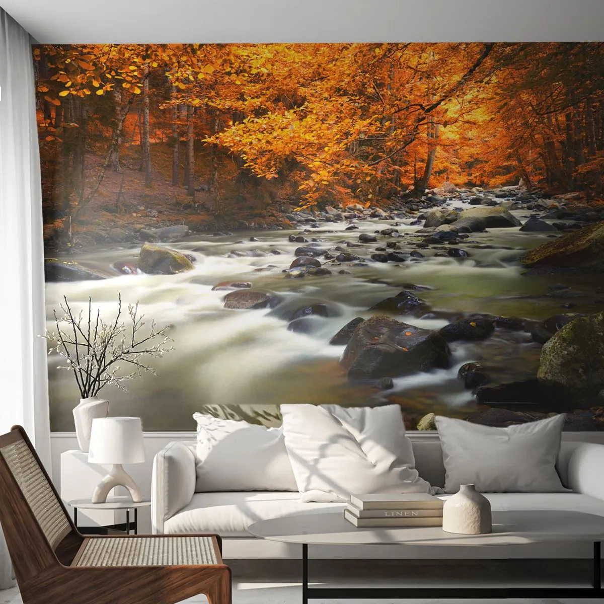 Papel de Parede Autocolante Deluxe Sticker - Um riacho na floresta dourada - Paisagem, Floresta, Córrego da montanha - 250x175 cm