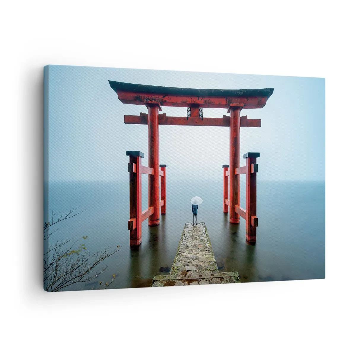 Quadro em tela - Um portão torii com vista para um lago tranquilo no Japão - 70x50cm - Devaneio japonês - Decoração de parede moderna para a sala de estar e quarto ARTTOR