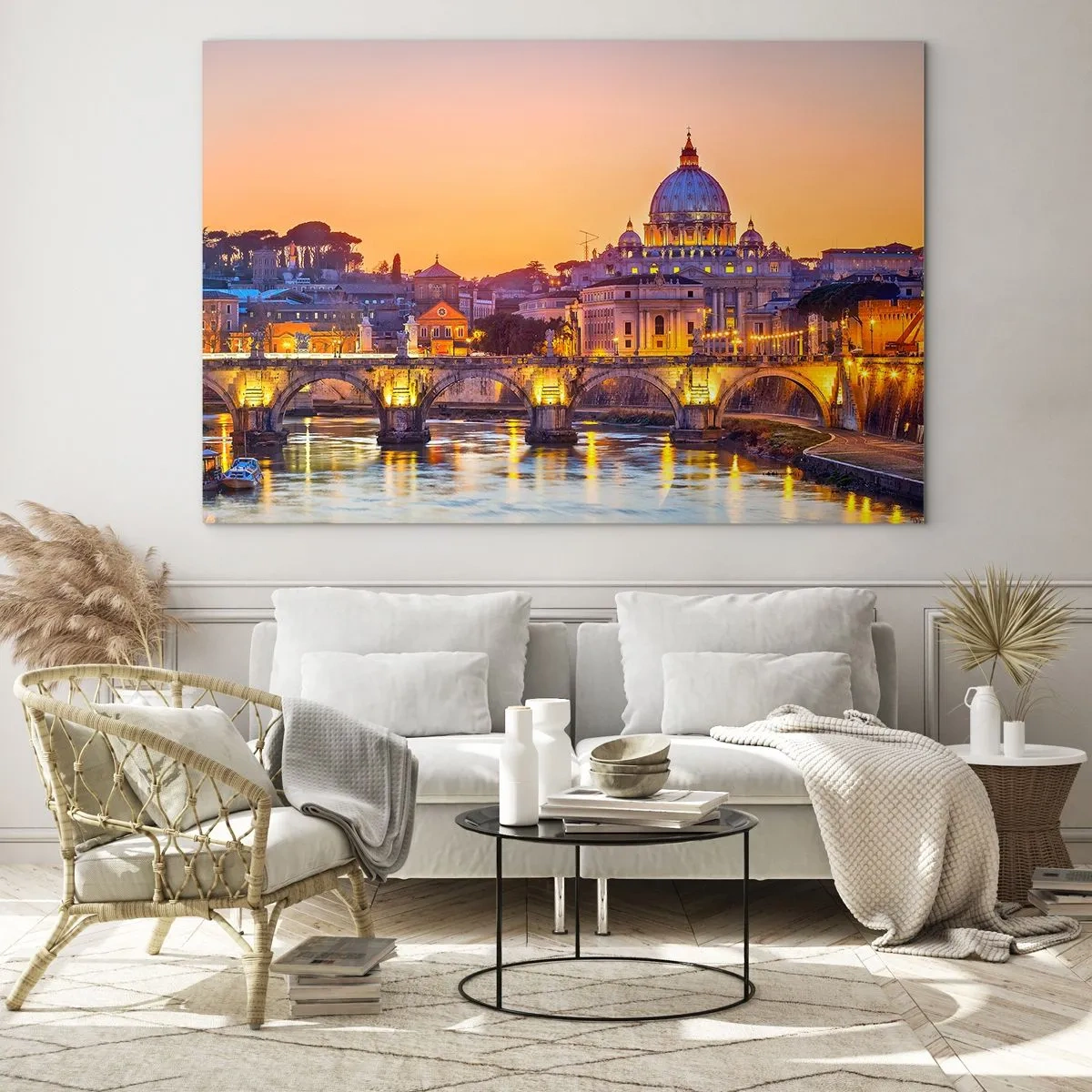 Quadro em vidro - Ponte e Basílica em Roma ao Pôr do Sol - 70x50cm - Crepúsculo sobre a Cidade Eterna - Decoração de parede moderna para a sala de estar e quarto ARTTOR