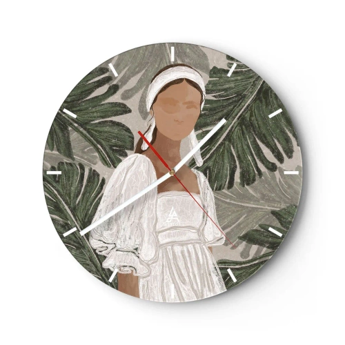 Relógio de parede - Relógio em vidro - Retrato estilizado de uma mulher contra um fundo de folhas tropicais. - 30x30cm - Retrato exótico - Decoração de parede moderna para a sala de estar, cozinha e quarto ARTTOR