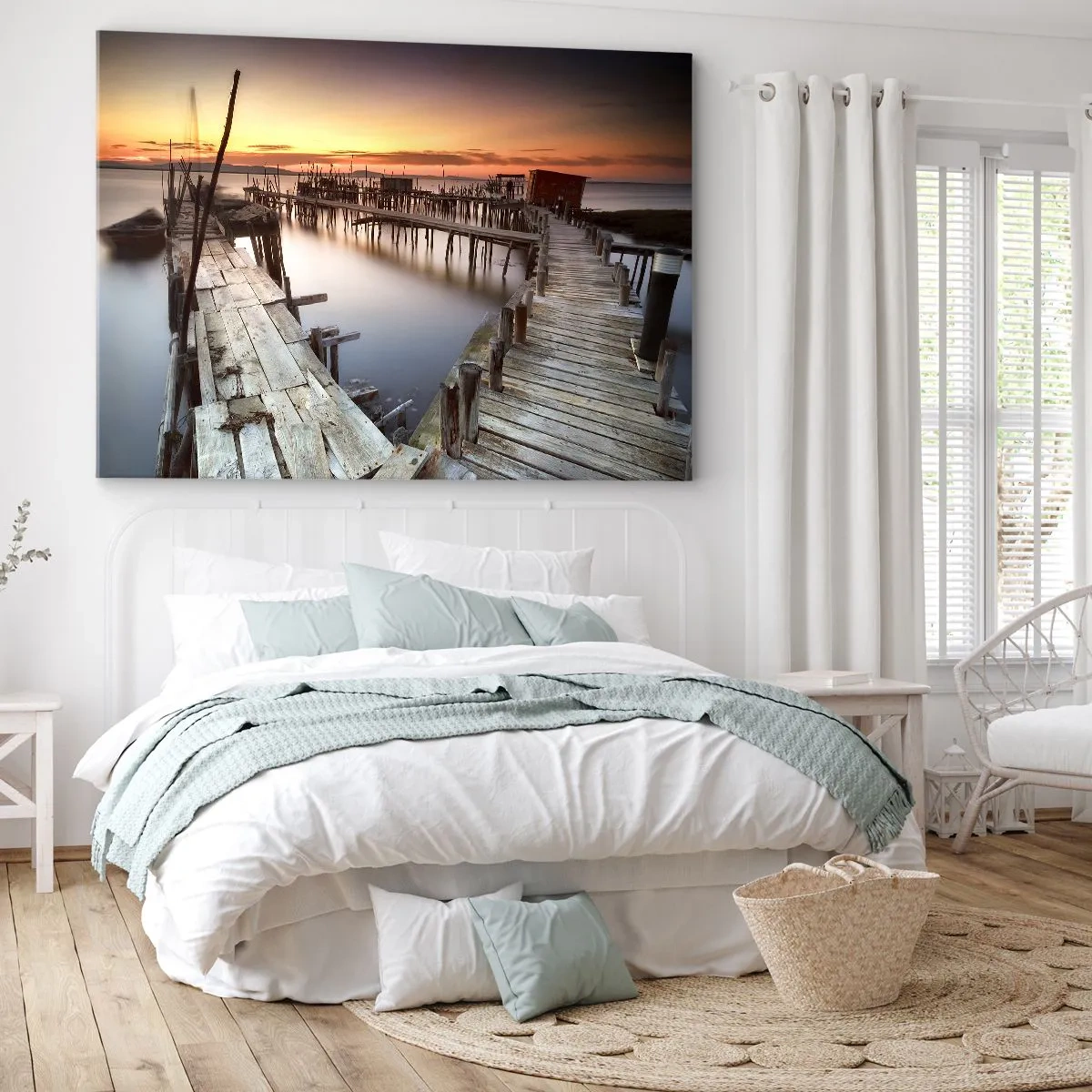 Quadro em tela - Cais de madeira em águas calmas ao pôr do sol - 70x50cm - Turismo autêntico, não fictício - Decoração de parede moderna para a sala de estar e quarto ARTTOR