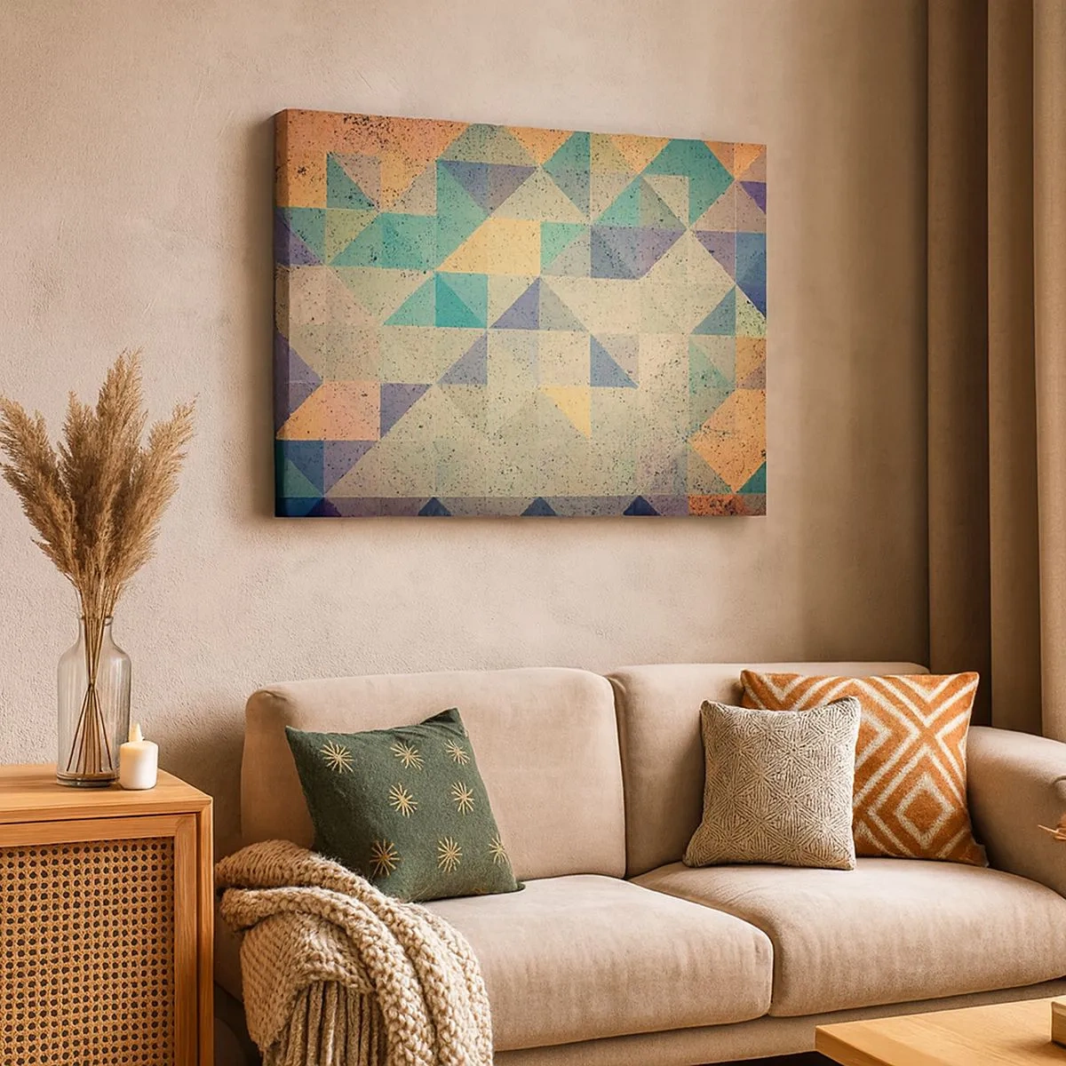 Quadro em tela - Uma composição colorida de triângulos geométricos em tons pastéis. - 70x50cm - República dos triângulos - Decoração de parede moderna para a sala de estar e quarto ARTTOR
