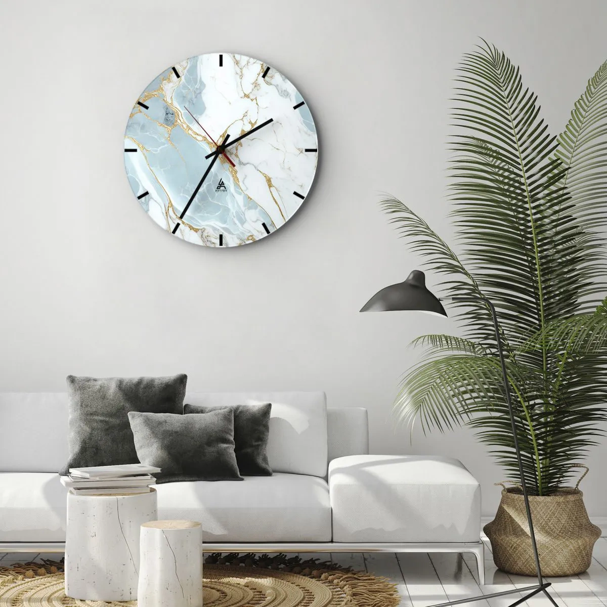 Relógio de parede - Relógio em vidro - Mármore azul e branco com veios dourados por toda parte - 30x30cm - Riqueza de pedra - Decoração de parede moderna para a sala de estar, cozinha e quarto ARTTOR