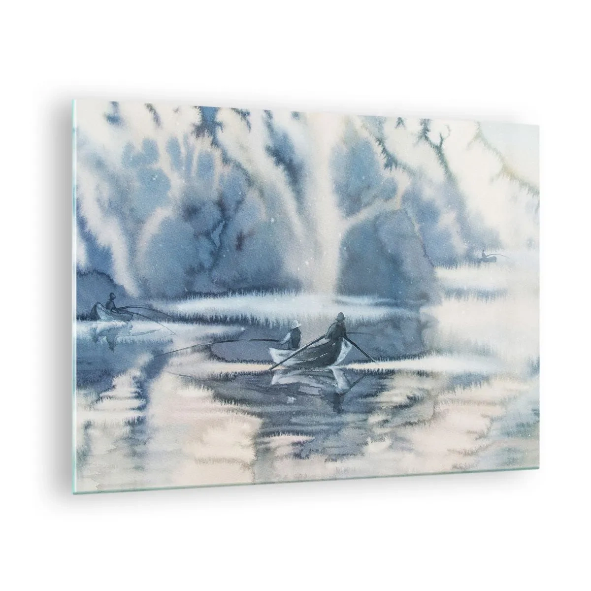 Quadro em vidro - Dois pescadores em um barco cercados por uma paisagem enevoada - 70x50cm - Pescadores no seu paraíso - Decoração de parede moderna para a sala de estar e quarto ARTTOR