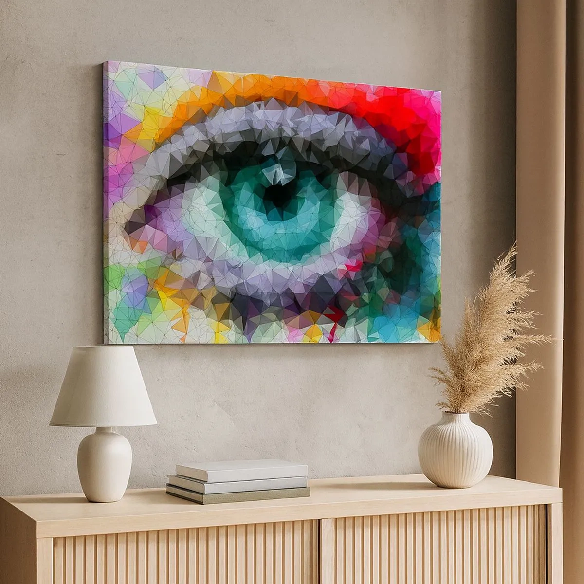 Quadro em tela - Look geométrico com olho verde - 70x50cm - O brilho cristalino dos olhos - Decoração de parede moderna para a sala de estar e quarto ARTTOR