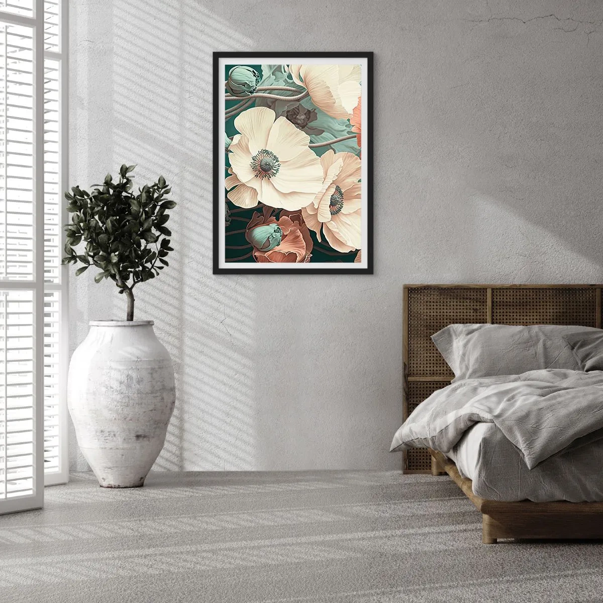 Pôster com moldura preta - Flores delicadas em tons pastéis sobre fundo escuro - 50x70cm - O sussurro das papoulas - Decoração de parede moderna para a sala de estar e quarto ARTTOR