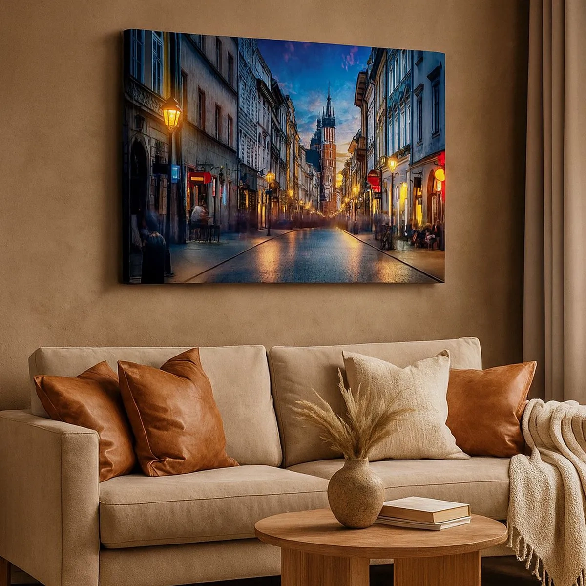 Quadro em tela - Rua noturna com vista para a Catedral de Cracóvia - 70x50cm - O charme de Cracóvia - Decoração de parede moderna para a sala de estar e quarto ARTTOR