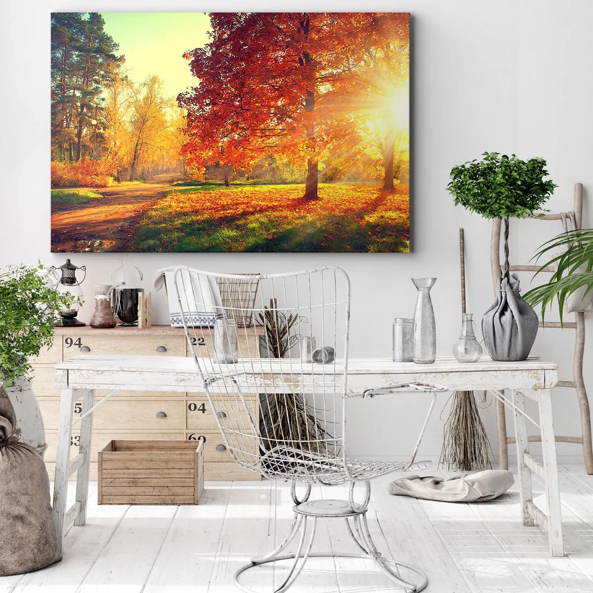 Quadro em tela - Parque de outono iluminado pela luz do sol - 70x50cm - O vermelho é lindo - Decoração de parede moderna para a sala de estar e quarto ARTTOR