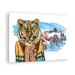Quadro em vidro - Um tigre de colete contra uma paisagem montanhosa - 70x50cm - Não tão selvagem como dizzem - Decoração de parede moderna para a sala de estar e quarto ARTTOR