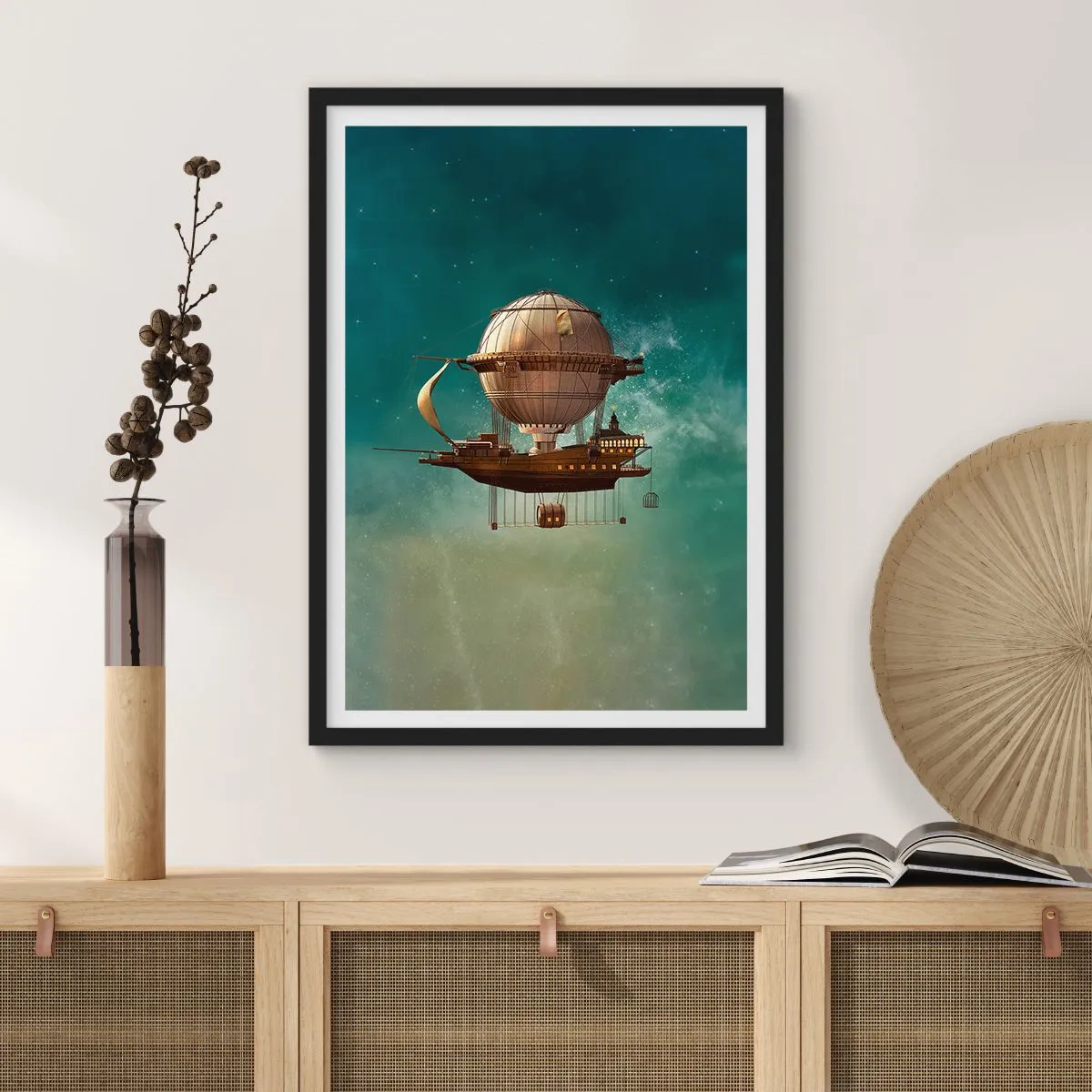 Pôster com moldura preta - Um dirigível fantástico flutuando entre as estrelas - 50x70cm - Saudações de Júlio Verne - Decoração de parede moderna para a sala de estar e quarto ARTTOR