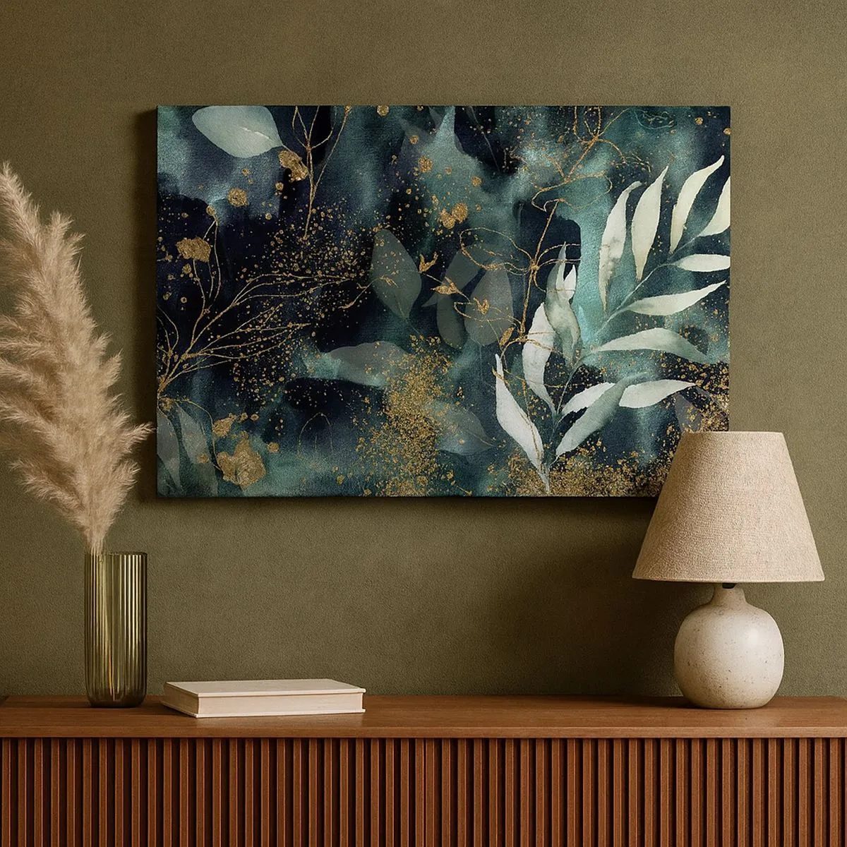 Quadro em tela - Folhas elegantes em um fundo escuro com detalhes dourados - 70x50cm - Jardim Mágico - Decoração de parede moderna para a sala de estar e quarto ARTTOR