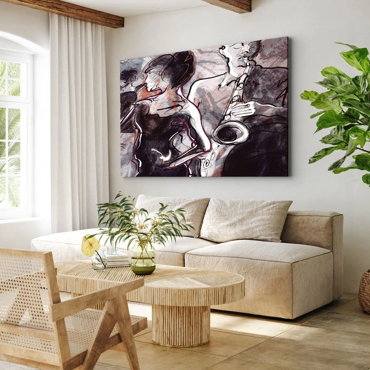 Quadro em tela - Cena abstrata de jazz com um saxofonista e uma dançarina. - 70x50cm - Deixar-se levar pela música - Decoração de parede moderna para a sala de estar e quarto ARTTOR