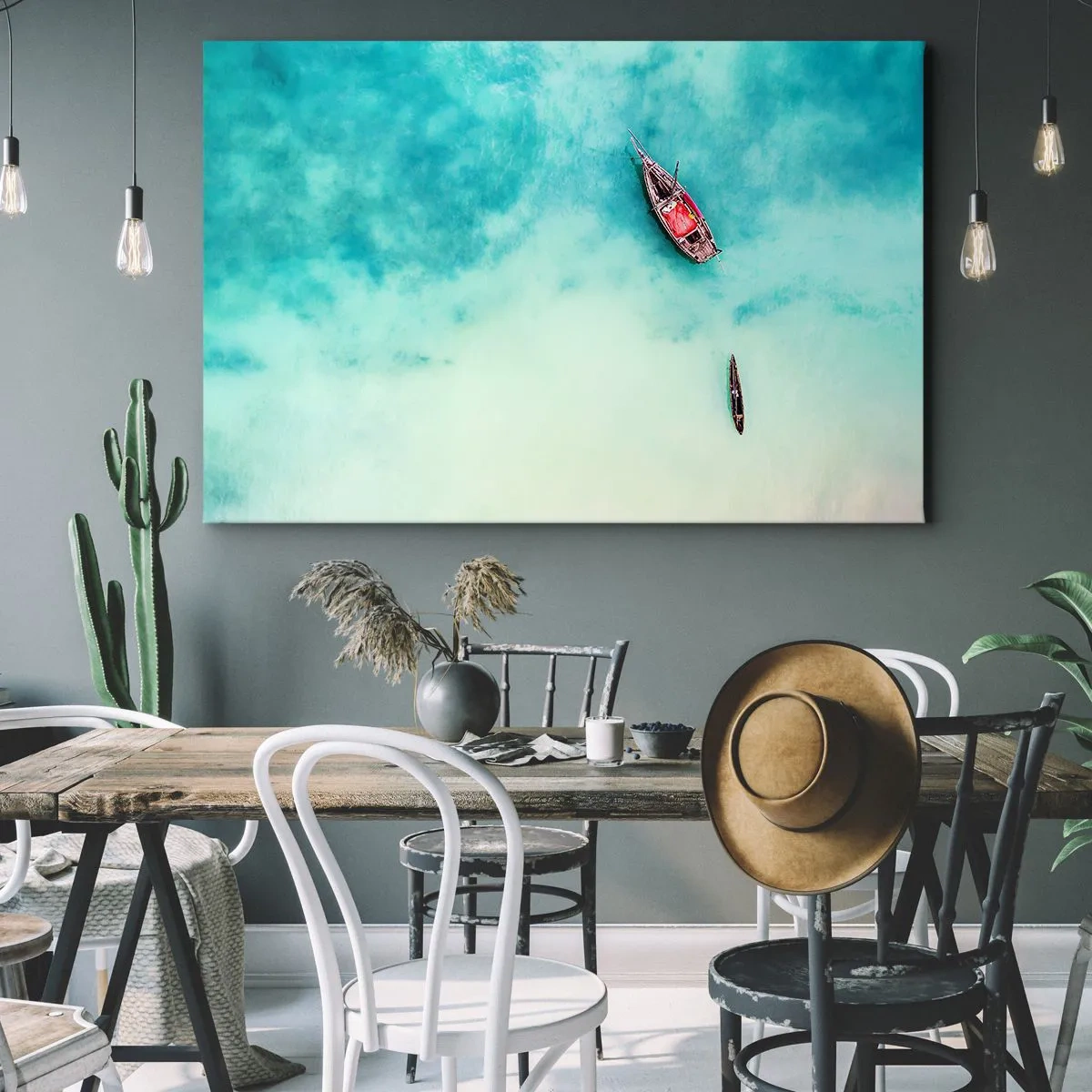 Quadro em tela - Barcos em águas azul-turquesa vistos de um ponto de vista aéreo - 70x50cm - As praias de Zanzibar - Decoração de parede moderna para a sala de estar e quarto ARTTOR