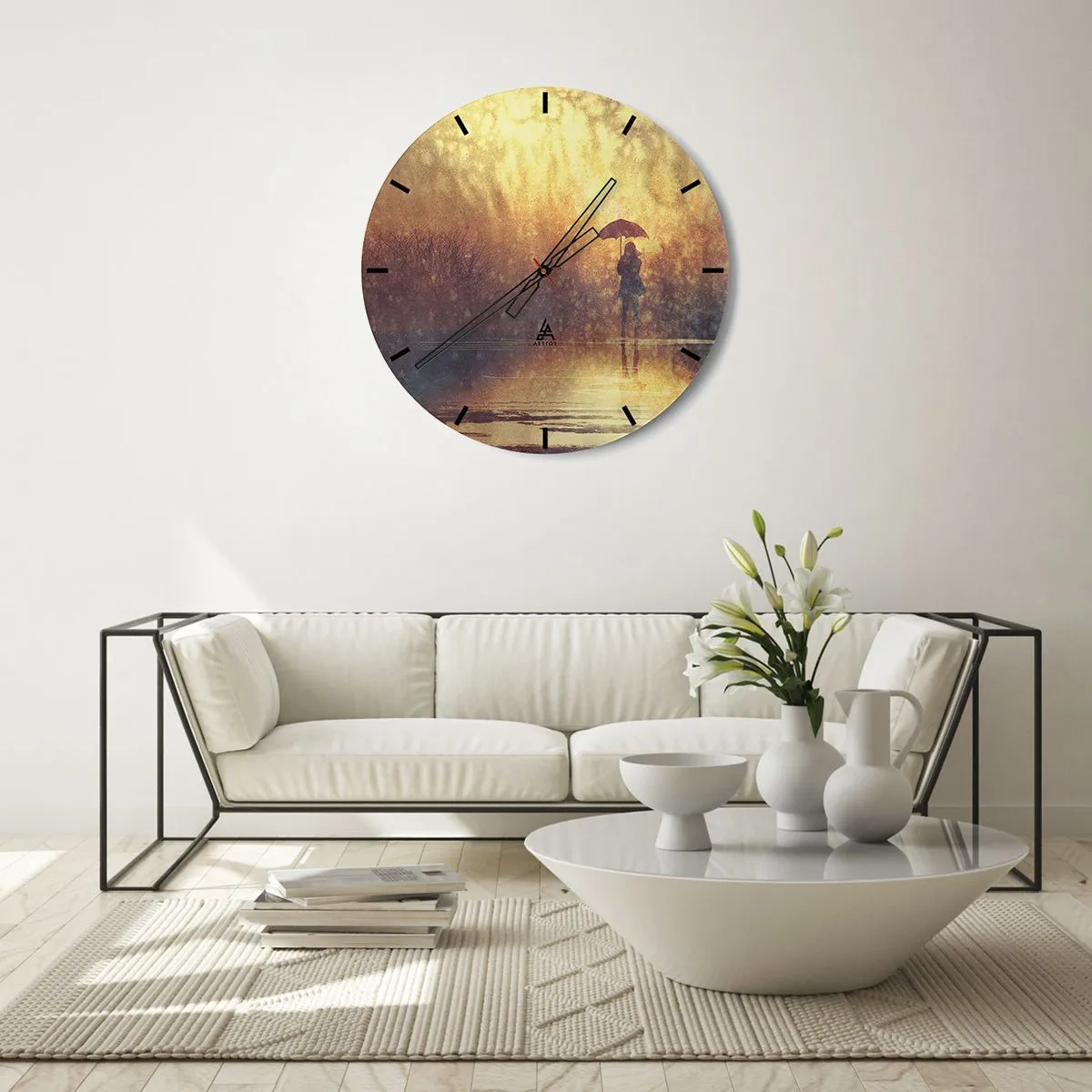 Relógio de parede - Relógio em vidro - Uma figura com um guarda-chuva contra o fundo de chuva e luz quente - 30x30cm - Sinto alguém a olhar para mim - Decoração de parede moderna para a sala de estar, cozinha e quarto ARTTOR