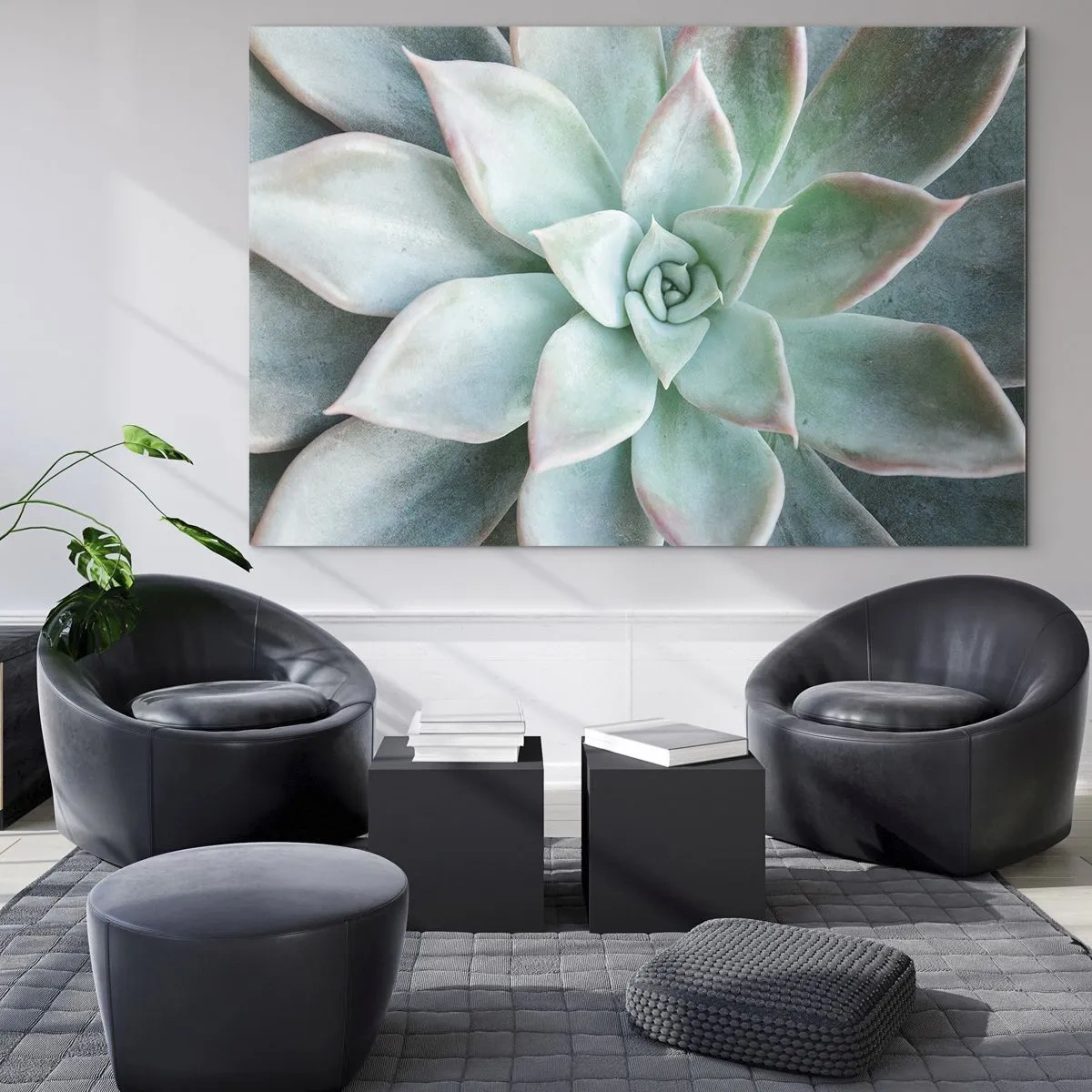 Quadro em vidro - Folhas suculentas secas com um delicado tom verde-acinzentado - 70x50cm - O coração do deserto - Decoração de parede moderna para a sala de estar e quarto ARTTOR