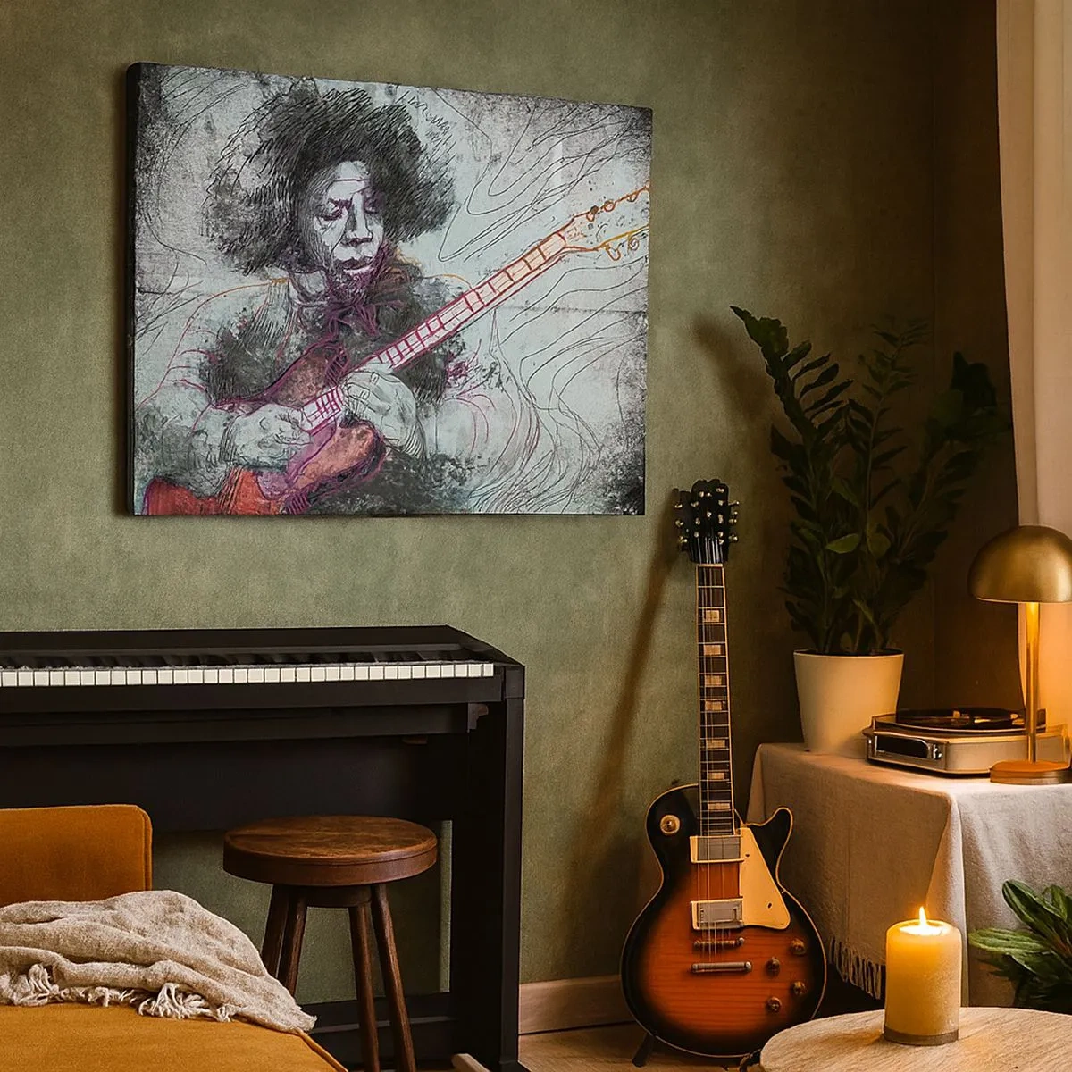 Quadro em tela - Retrato artístico de um guitarrista na técnica de esboço - 70x50cm - Nas ondas da música - Decoração de parede moderna para a sala de estar e quarto ARTTOR