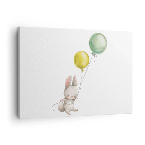 Quadro em tela - Um coelho segurando balões de cor pastel - 70x50cm - Também quero voar! - Decoração de parede moderna para a sala de estar e quarto ARTTOR