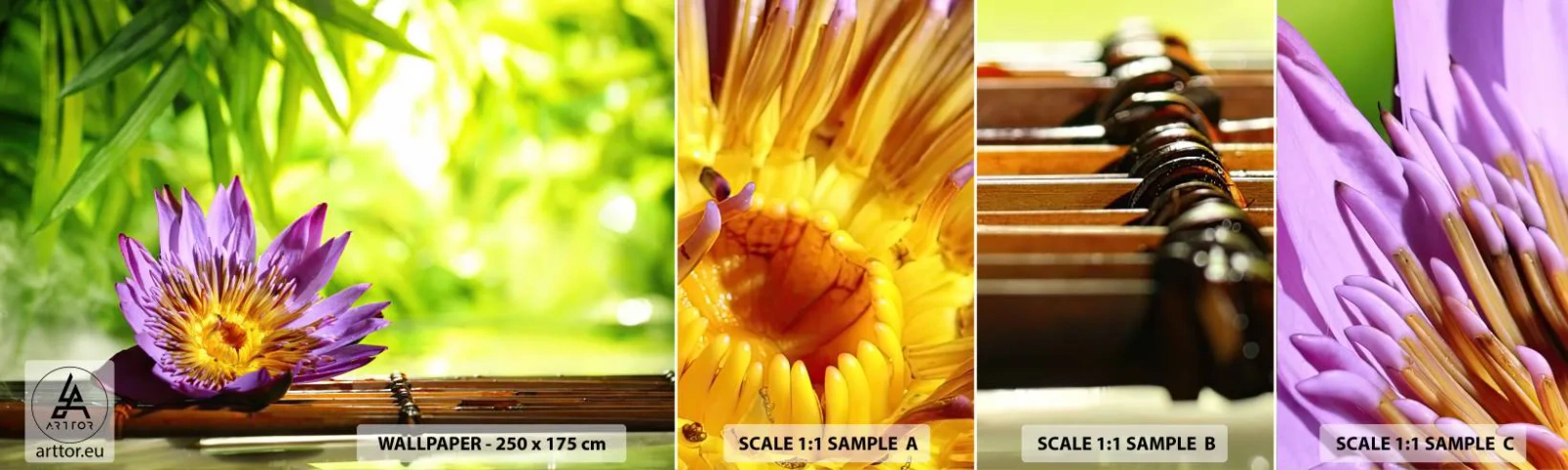 Amostra de papel de parede autocolante Deluxe Sticker - Sob o sol asiático - Flor, Flor de Lotus, Bambu - 100x30 cm