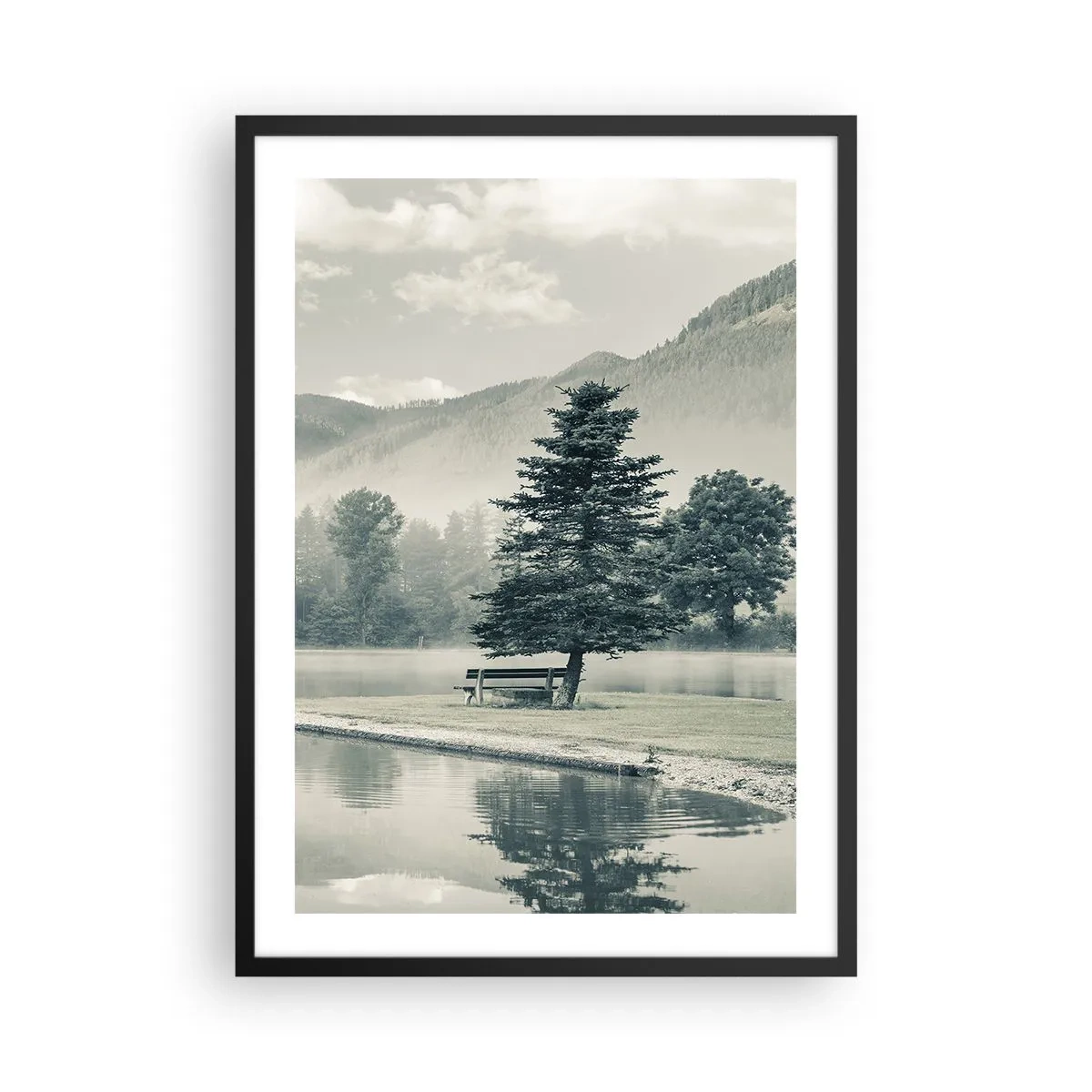 Pôster com moldura preta - Um banco sob uma árvore perto de um lago com uma montanha ao fundo - 50x70cm - O lago ainda está a dormir - Decoração de parede moderna para a sala de estar e quarto ARTTOR
