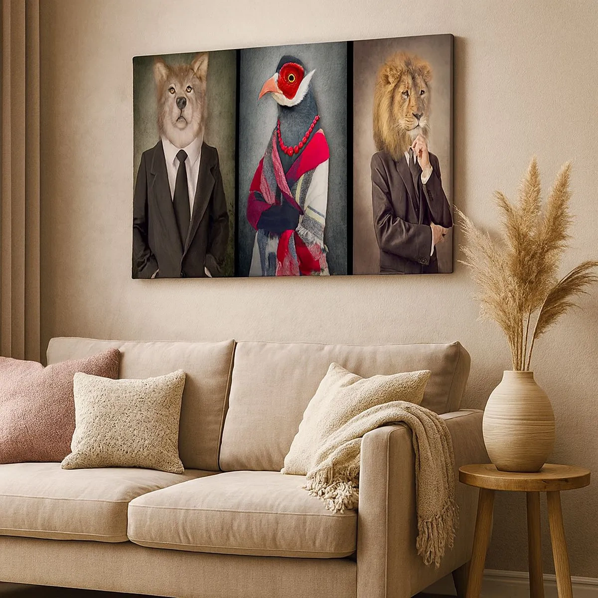 Quadro em tela - Retratos estilizados de um lobo, um faisão e um leão em roupas elegantes - 70x50cm - O que estou a fazer aqui?! - Decoração de parede moderna para a sala de estar e quarto ARTTOR