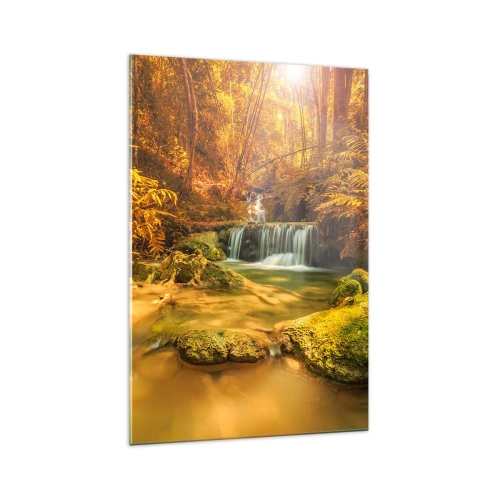 Quadro em vidro - Cascata na floresta em ouro - 70x100 cm