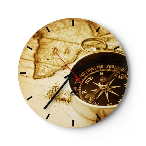 Relógio de parede - Relógio em vidro - Uma bússola contra o fundo de um mapa antigo em tons quentes - 30x30cm - Oriente ou Ocidente? - Decoração de parede moderna para a sala de estar, cozinha e quarto ARTTOR